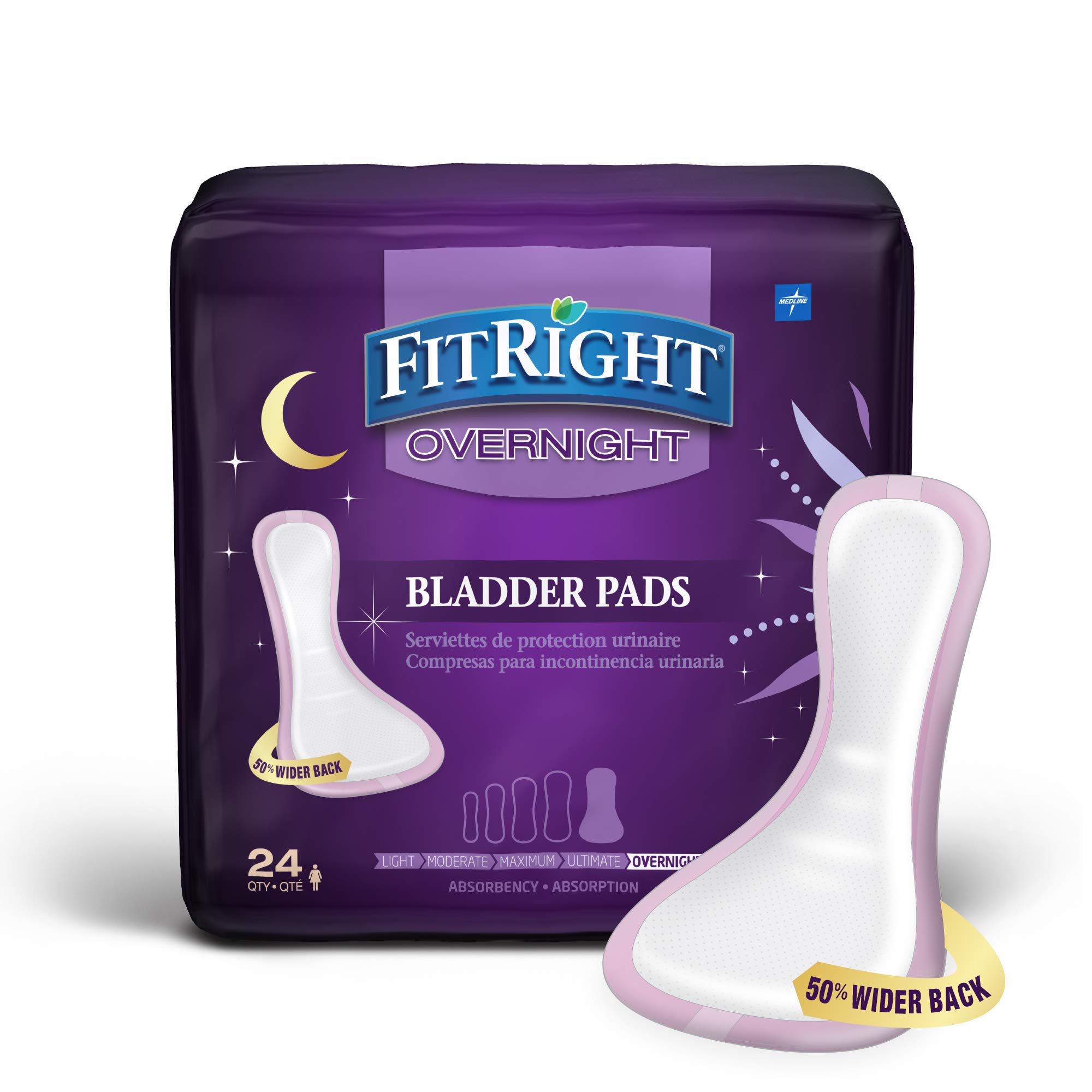 Photo 1 of Medline FitRight Overnight Bladder Control Pads, Maximum Absorbency, Nighttime Incontinence Protection, 8.5 x 16, 24 Count per Bag (1 Bag)