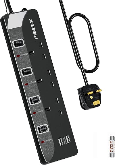 PIBEEX 5 in 1 Extension Lead with USB 2 Ports 13A UK Plug 1.5m
