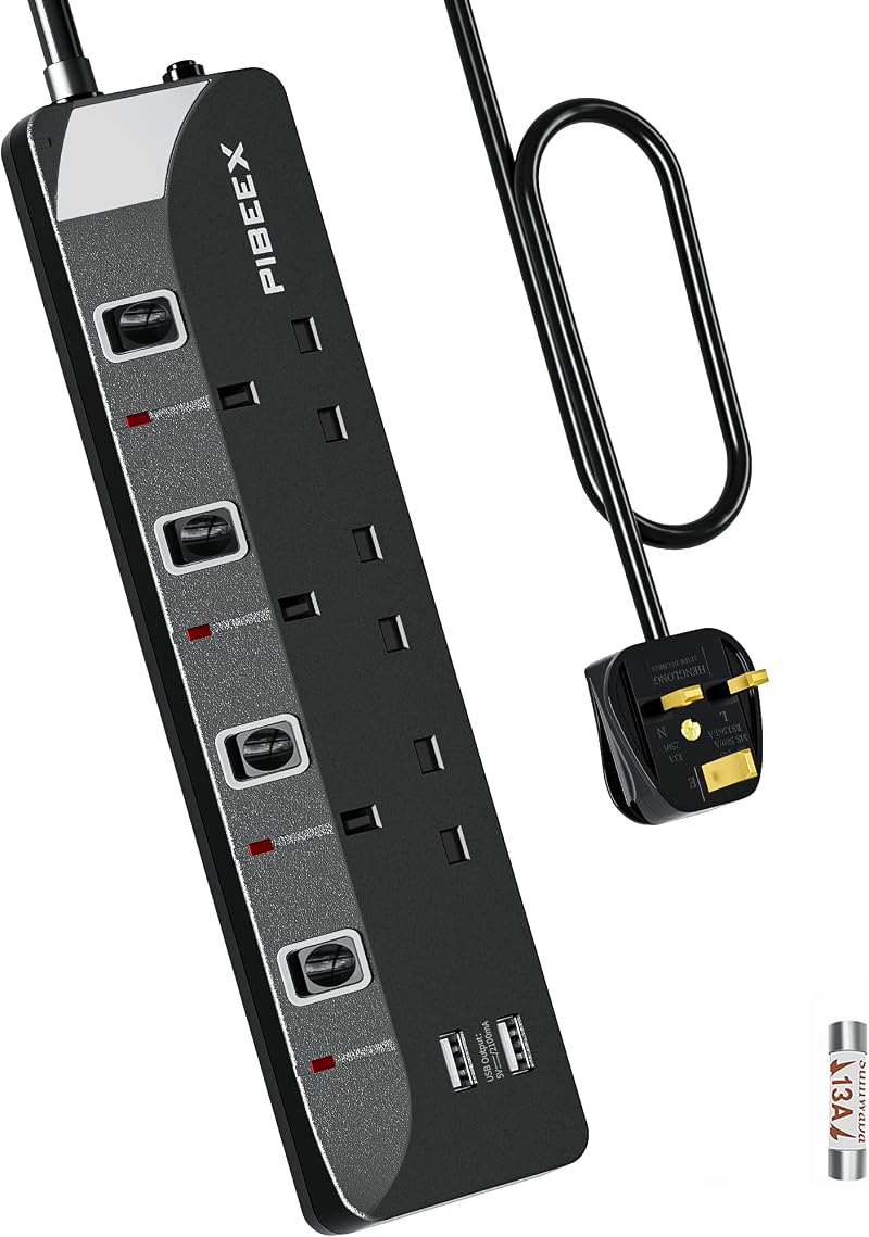 PIBEEX 5M Extension Lead with USB 3 Way Power Strip 13A 3250W Black