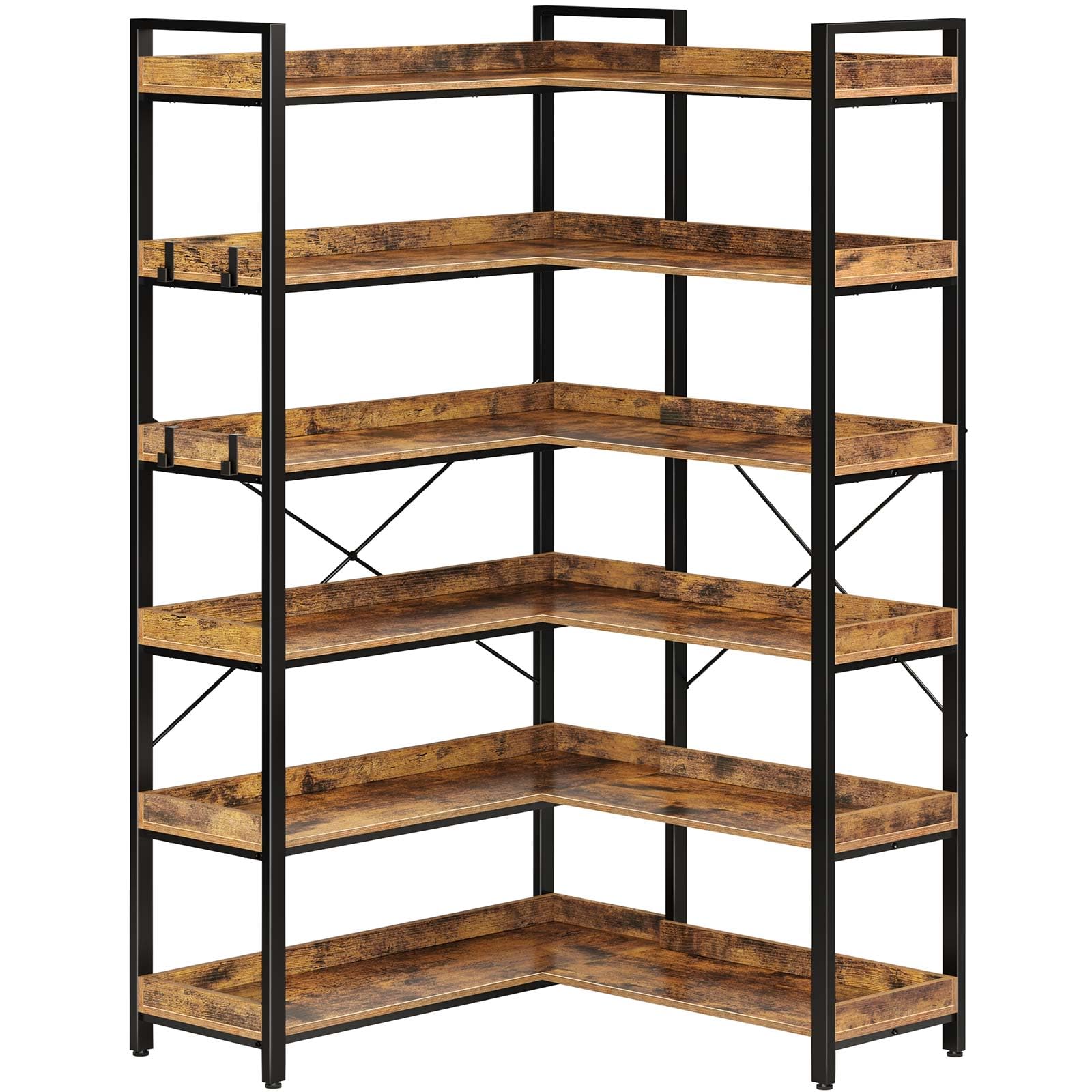 Rolanstar Bookshelf 6 Tier with 4 Hooks, Reversible Corner Bookshelf, 69" Industrial Wooden Bookcase with Open Shelves and Metal Frame for Living Room, Bedroom, Home Office, Rustic Brown Image Rolanstar Bookshelf 6 Tier with 4 Hooks, Reversible Corner Bookshelf, 69" Industrial Wooden Bookcase with Open Shelves and Metal Frame for Living Room, Bedroom, Home Office, Rustic Brown Image