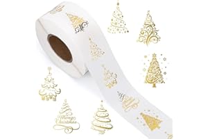 Christmas Stickers Roll, 500 Pieces Self-adhesive Clear Christma Stickers, Gold Foil Glitter Christma Tree Sticker, Merry Chr