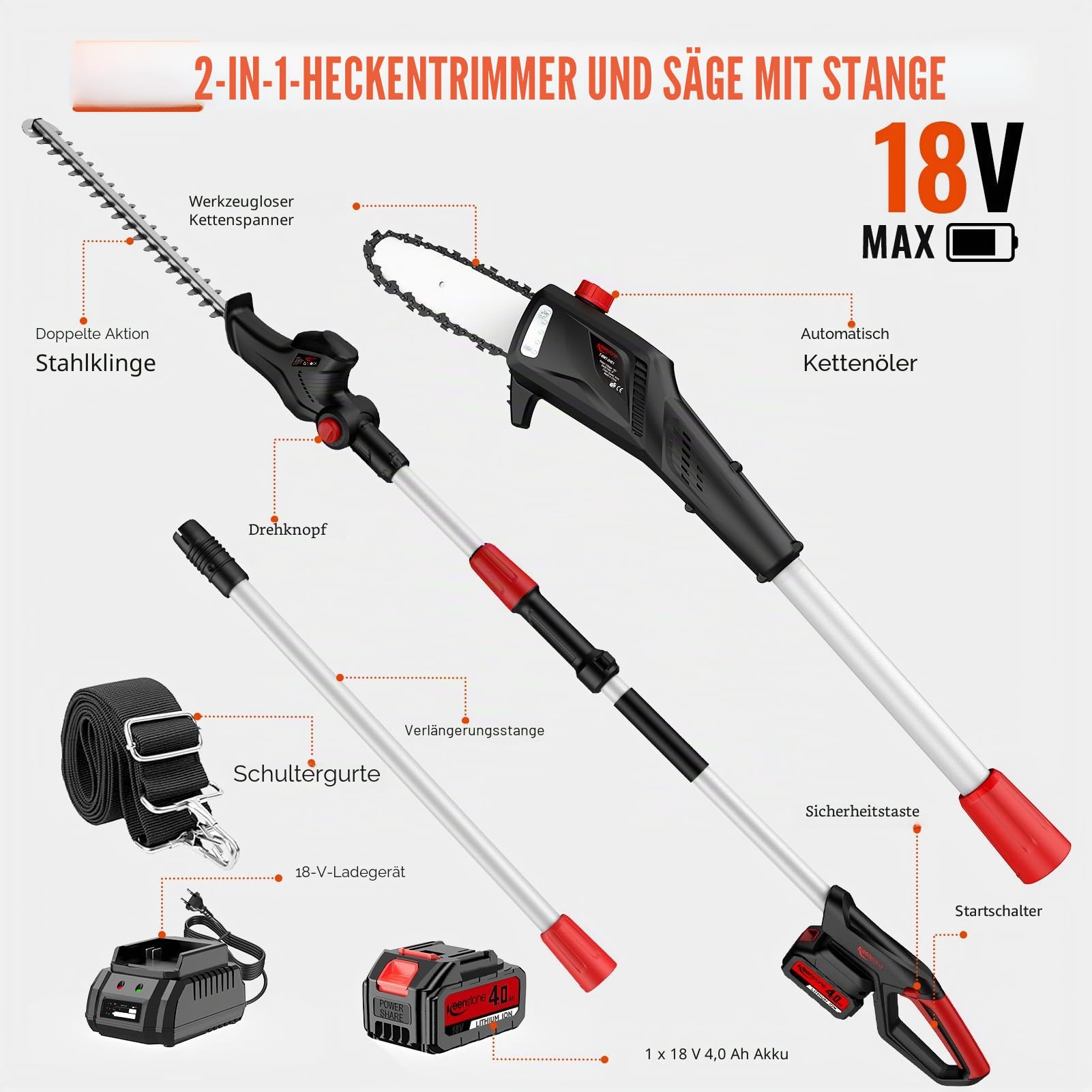 Keenstone 2 in 1 Akku-Hochentaster und Heckenschere, Verlängerungsstange, Reichweite bis 4m, Inklusive Akku & Ladegerät 7