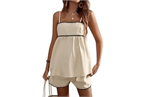 MakeMeChic Women's Maternity 2 Piece Outfits Striped Lace Trim Shirred Cami and Shorts Pregnancy Set