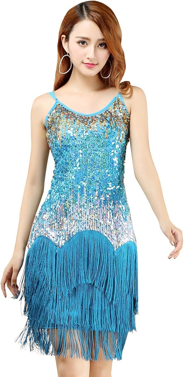 Aivtalk Tassels 1920s Flapper Party Cocktail Dress for Women Sexy Latin Smaba Dance Dress Light Blue: Clothing