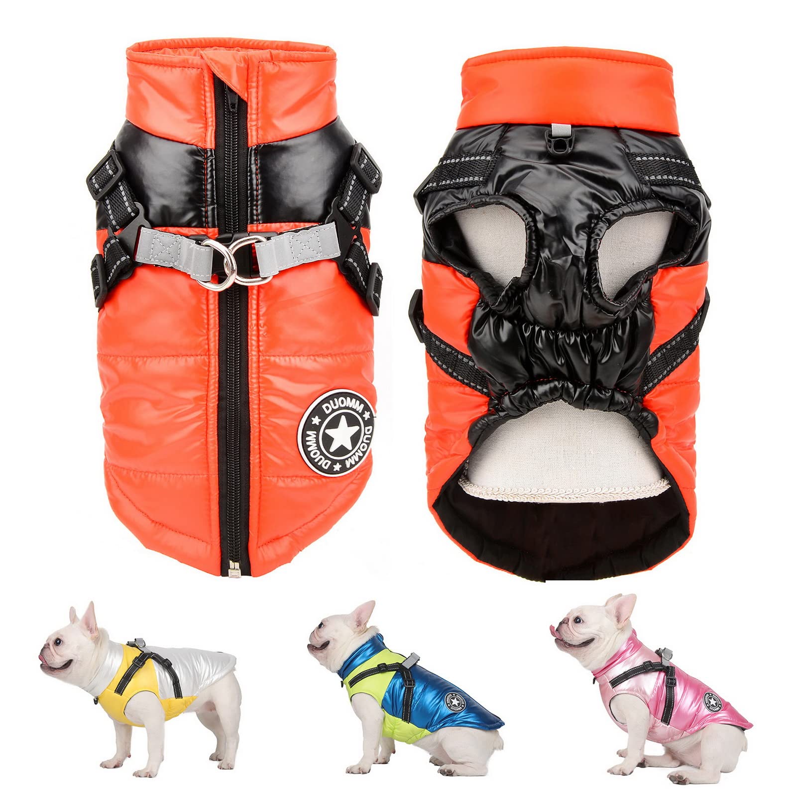 SMALLLEE_LUCKY_STORE Pet Colorblock Sport Waterproof Winter Jacket Vest with Harness D-ring for Small Medium Dog Cat Zip-up Padded Puppy Coat Chihuahua Yorkie French Bulldog Warm Clothes,Orange,S