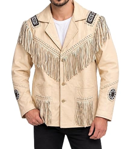 Classyak Men's Cowboy Genuine Cowhide Leather Jacket Fringe and