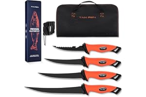 TAN REN Fish Filet Knife Set – 5 PCS Stainless Steel Bait & Fillet Knives with Sharpener and Storage Bag, Fishing Knives Kit with Non-Slip Handle for Filleting, Boning, Fishing Gift for Men