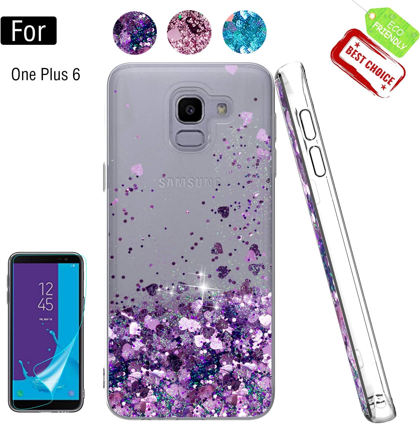Atump Case for Samsung Galaxy J6 2018 with Screen Protector, Girl Women 3D Glitter Liquid Moving Cute Clear Silicone Gel TPU Shockproof Phone Cover Covers for Samsung J6 2018 Purple