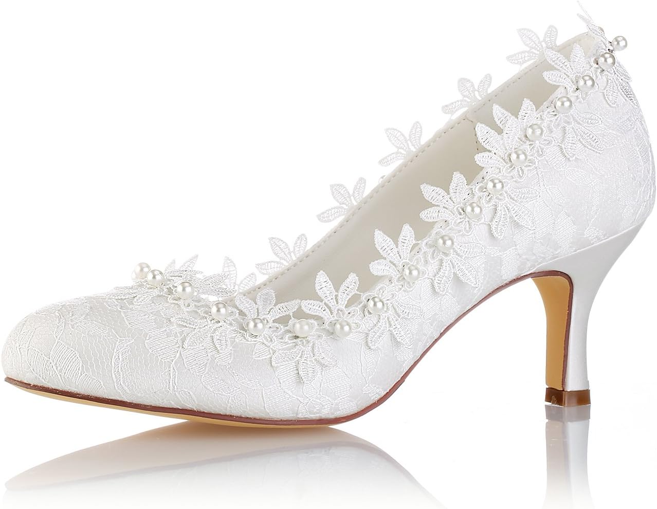 Vintage Wedding Shoes Ivory Round Toe Pearls Flowers Kitten Heel Bridal Shoes