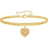 Gold Initial Charm Bracelets Heart Bracelet for Women, 14K Gold Plated Cuban Link Bracelet 26 Letter Bracelets for Women Dain