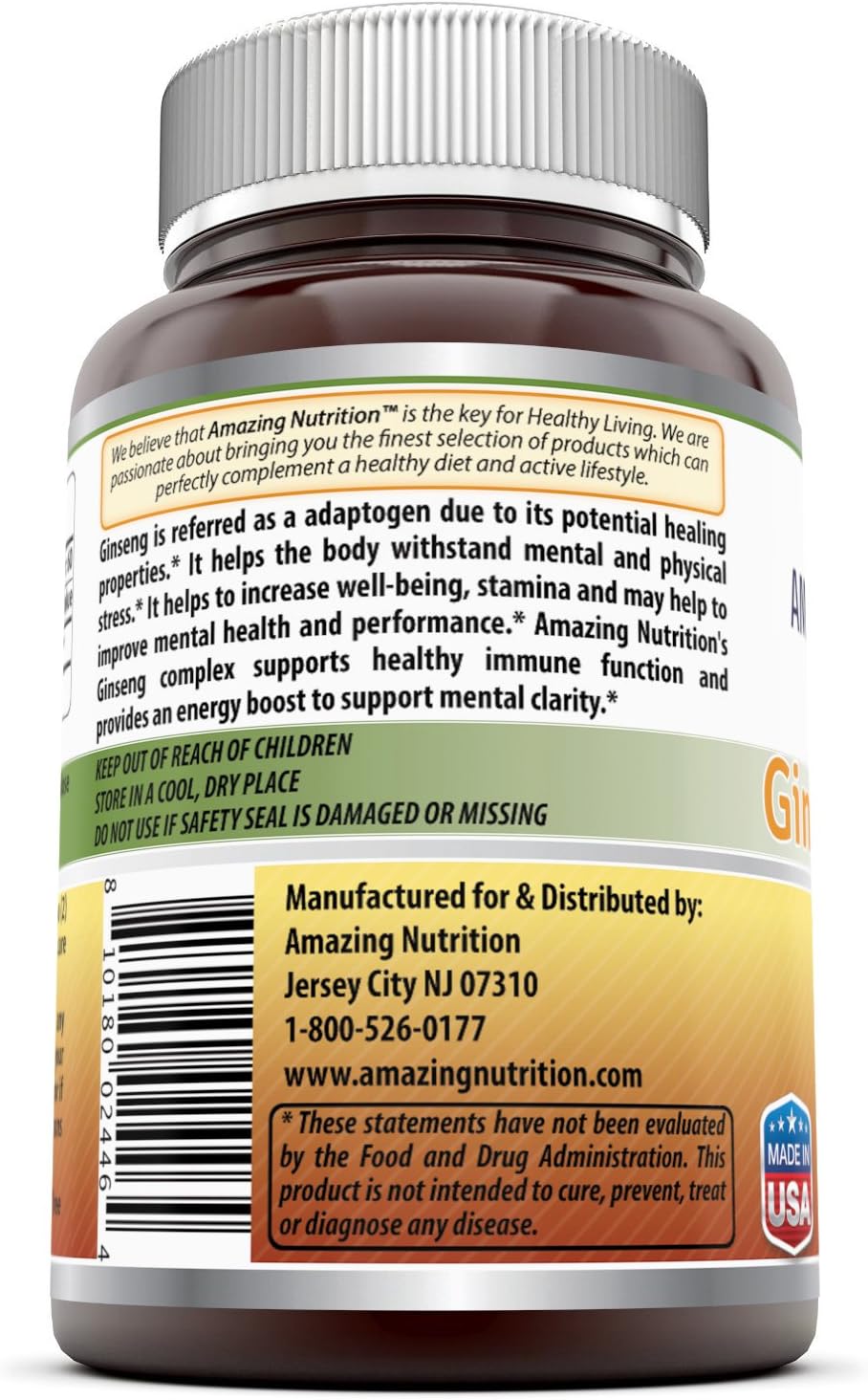 Amazing Nutrition Ginseng Complex - 1000 mg per Serving - Supports Healthy Immune Function, Brain Health, Promotes Energy Performance and More - 120 Capsules Per Bottle (Non-GMO,Gluten Free): Health & Personal Care