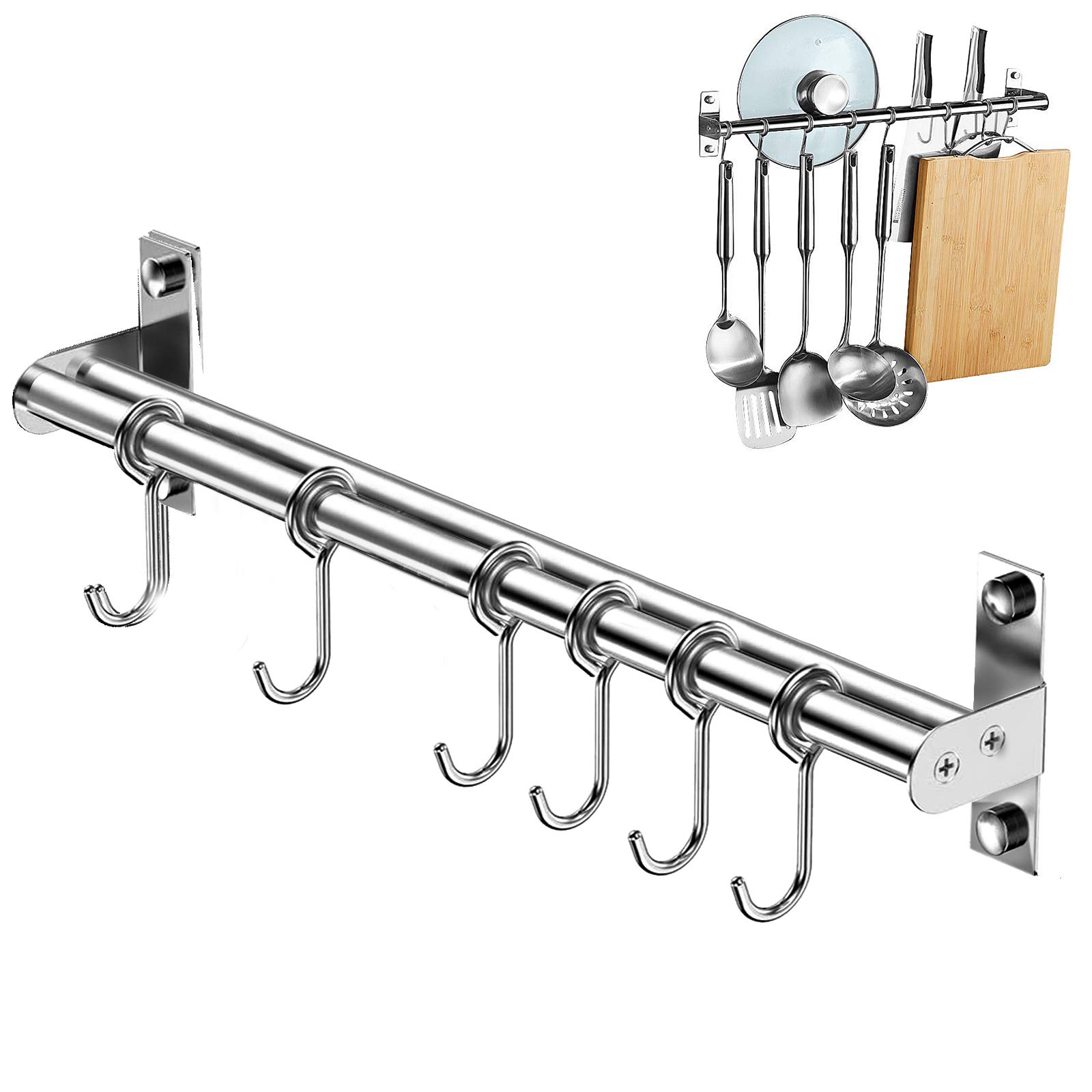 TEESIN Kitchen Utensil Rack, Wall Mounted Kitchen Utensil Rack with 6 Sliding Hooks, Stainless Steel Utensil Hanging Rack for Bathroom/Garage/Bedroom, 40cm, Silver