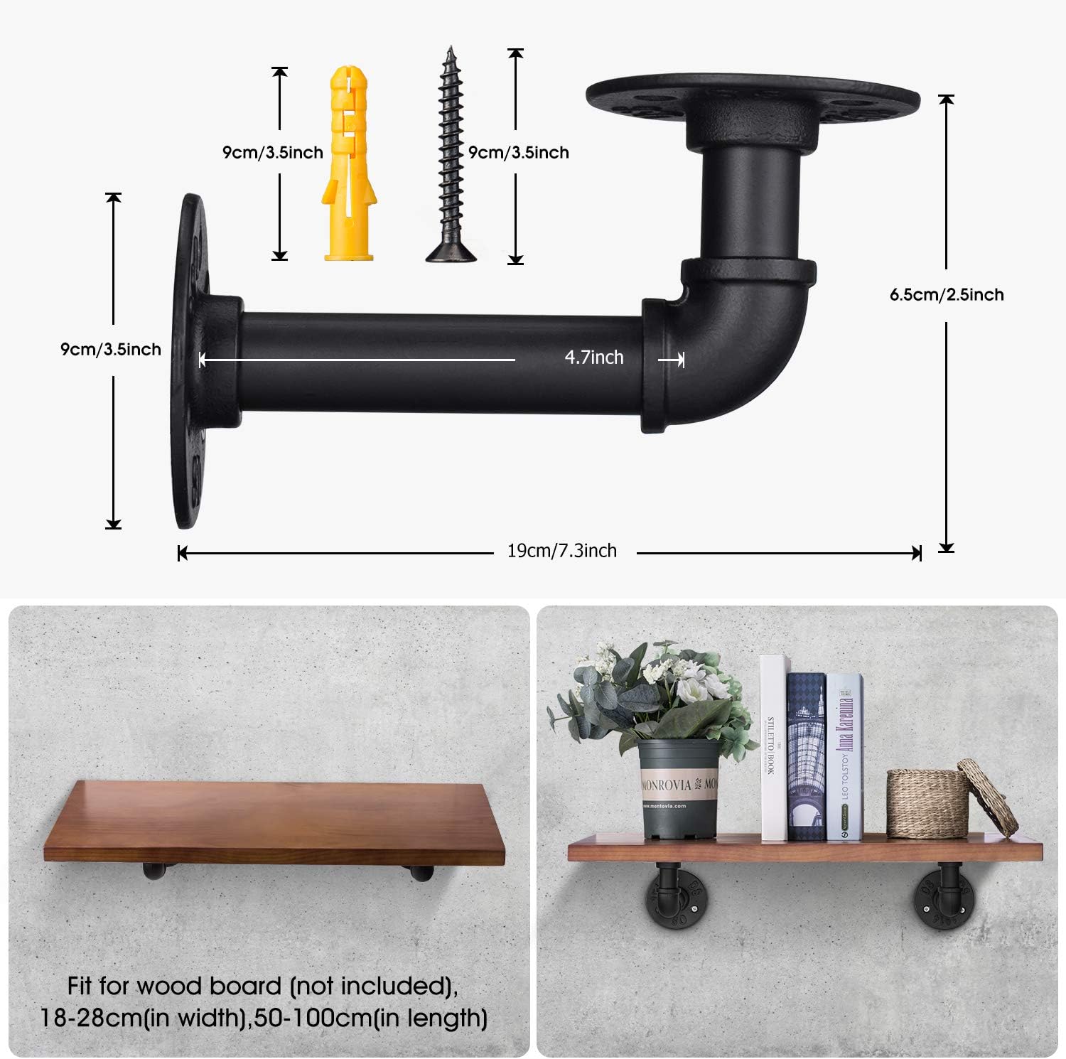 Industrial DIY Pipe Shelf Brackets,Vintage Black Iron Wall Mount Pipe Shelving Bracket, Rustic Home Pipe Shelf,4 Pack: Home Improvement