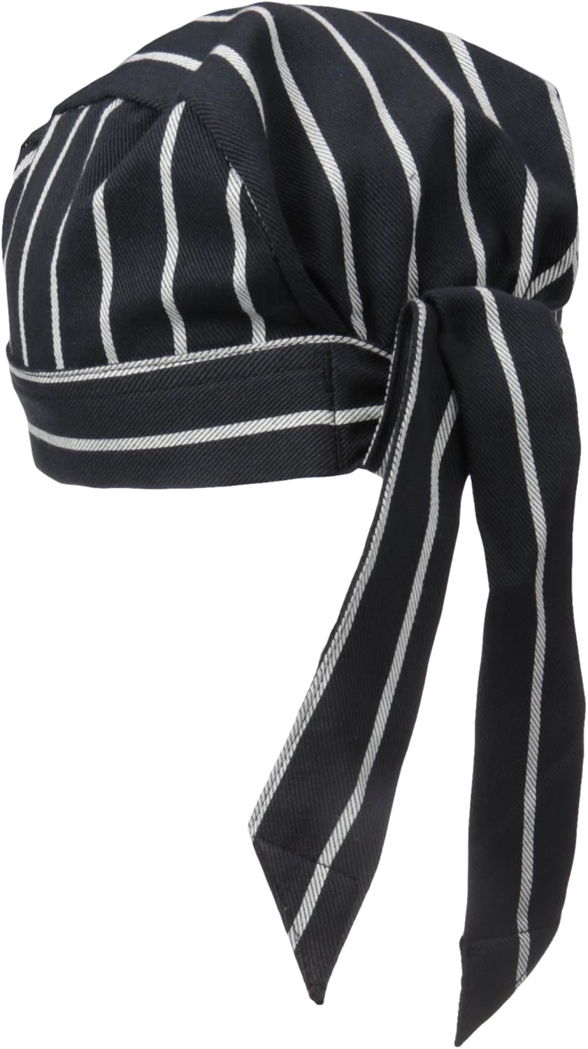 Uncommon Threads Elastic Back Skull Cap Chef Hat with Ties, Chalk Stripe, One Size: Apparel: Clothing
