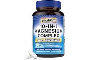 Vitalibre 10 in 1 Magnesium Complex, 420mg Elemental Magnesium | Ultra Strength, Max Absorption | Chelated Magnesium Supplement for Sleep, Nerves & Heart Health | Non-GMO, 120 Vegan Capsules