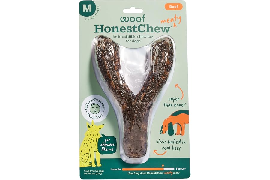 WOOF HonestChew Meaty Dog Toy Y-Gnawt - Durable Dog Chews - Made with Real Beef and Natural, Plant-Based Ingredients - Splinter-Resistant - Safer Than Dog Bones - Medium