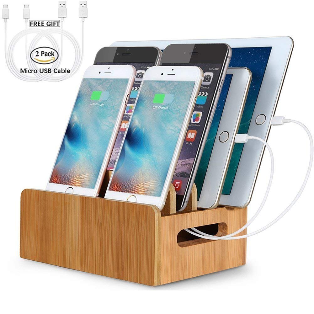 LENPOW Natural Bamboo Universal Charging Station Dock Stand Multi-device Organizer for Phones Pad Tablets Laptops - Strong Build ,Eco-Friendly