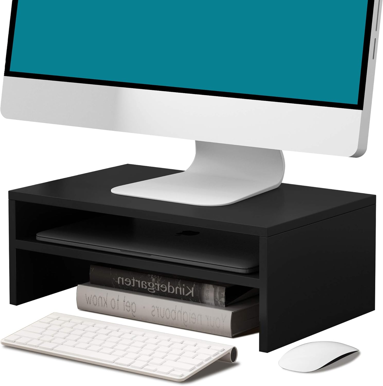 Wood Monitor Stand Riser, 2 Tiers Ergonomic & Space-Saving Monitor Stand, Great Computer Stand for Laptop, iMac, PC, Printer, 16 inches, Black