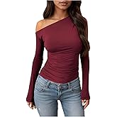 SOLY HUX Women's Off The Shoulder T Shirt Long Sleeve Asymmetrical Neck Ruched Fitted Tee Going Out Tops