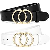SANSTHS 2 Pack Women Leather Belts Faux Leather Jeans Belt with Double O Ring Buckle