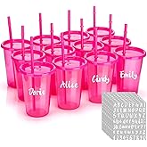 Nuanchu Plastic Cups with lids and Straws Reusable 14oz Tumbler with Sheets Letter Stickers for adult Iced Coffee Cup Travel Mug for Party Favors Beach Juices(Hot Pink,12 Pcs)