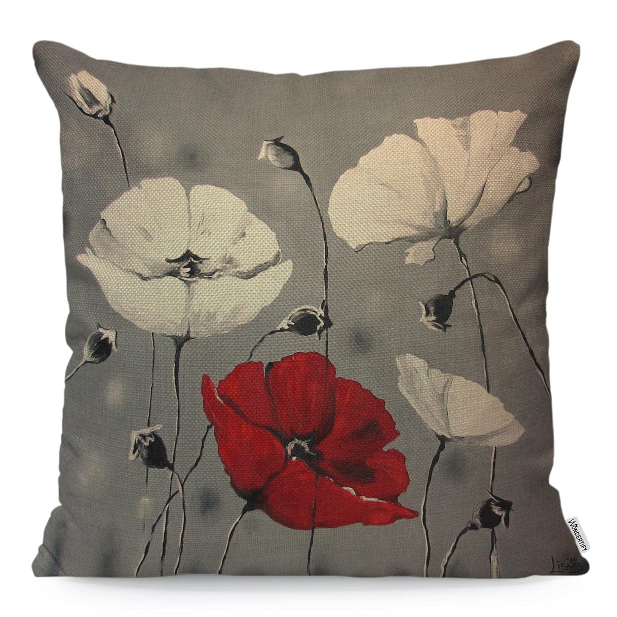 WONDERTIFY Poppy Flower Cushion Cover Watercolor Beautiful Charming Poppy Pillowcases for Men Women, Pillow Cover Living Room Farmhouse Red White 45X45 Cm