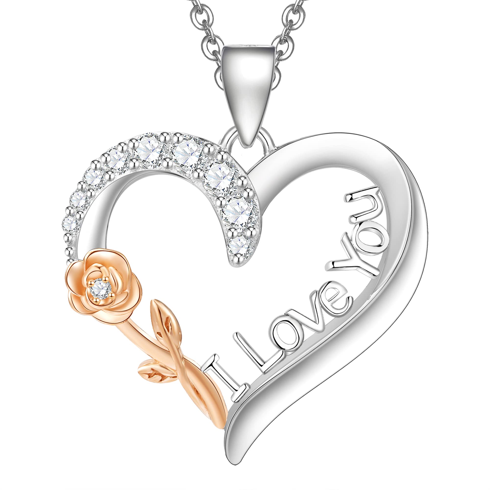 ENGRAWELRY Women's Necklace Engraved I Love You 925 Sterling Silver Heart Rose Pendant with Crystal Jewellery Original Gift for Mum Grandma Wife Daughter Girlfriend