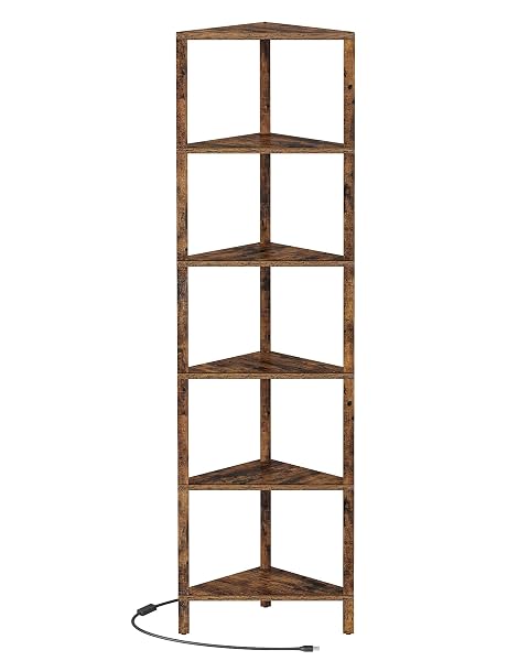 TUTOTAK CORNER SHELF WITH LED LIGHT, 6-TIER CORNER BOOKSHELF FOR SMALL SPACE, NARROW DISPLAY CORNER SHELF STAND WITH STORAGE RACK, FOR LIVING ROOM, BEDROOM, BROWN BS05BC006L