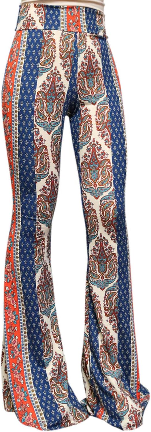 ShopMyTrend SMT Women's High Waist Wide Leg Long Bell Bottom Yoga Pants X-Large Boho2 Blue Aqua