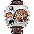 FANMIS Mens Military Sports Quartz Wrist Watch Two Time Zone Compass and Thermometer Decorative Dial Leather Strap Cool Watch