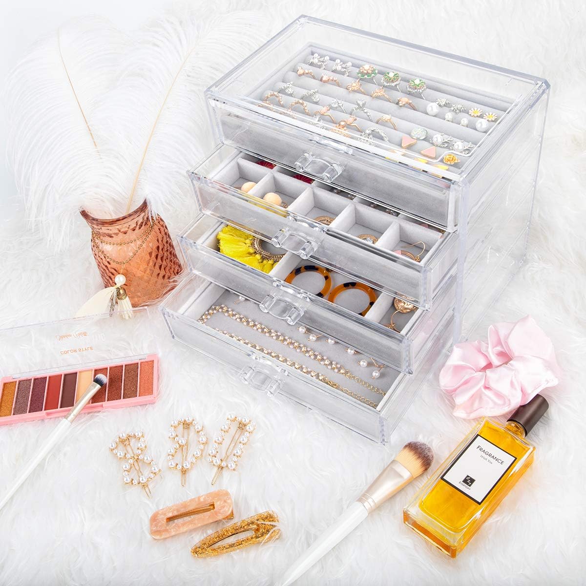 Mebbay Acrylic Jewelry Box with 4 Drawers, Velvet Jewelry Organizer for Earring Necklace Ring & Bracelet, Clear Jewelry Display Storage Case for Woman, Grey: Home & Kitchen