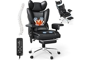 Mvpipi Massage Heated Office Chair with Foot Rest - 6 Points Vibration Big and Tall 400LBS Reclining Office Chair with Lumbar Pillow, Adjustable Headrest and Armrest, Executive Desk Chair, Black
