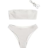 ZAFUL Women Strapless Ribbed High Cut Bandeau Bikini Lace Up 2 Pieces Swimwear