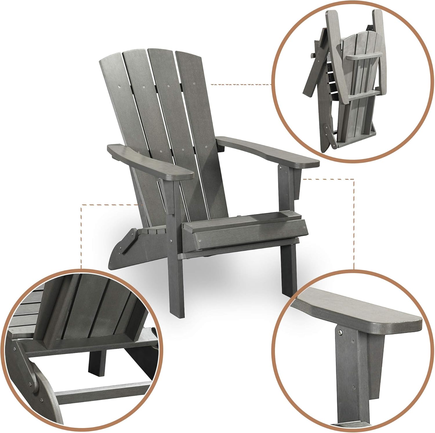 PolyTEAK Modern Oversized Folding Poly Adirondack Chair | Adult-Size, Weather Resistant, Made from Special Formulated Poly Lumber Plastic (Matte Gray): Kitchen & Dining
