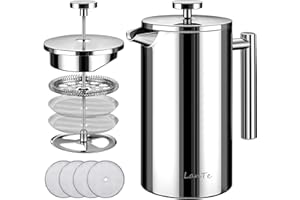 LANTE French Press Coffee Maker, Double Insulated 304 Stainless Steel Coffee Tea Maker 4 Level Filtration System, No Coffee Grounds, Rust-Free, Dishwasher Safe, 1000ml
