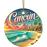 Cancun Mexico Christmas Ornament Beach Souvenir Travel Keepsake, Tropical Riviera Maya Double Sided Ceramic Holiday Decoration, Vacation Gift for Travelers, Family Mexican Coast Xmas Tree Ornament