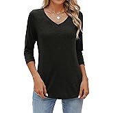 Sherosa Womens V Neck 3/4 Sleeve T Shirts Loose Fit Shirts Casual Solid Basic Tops Tees Blouses