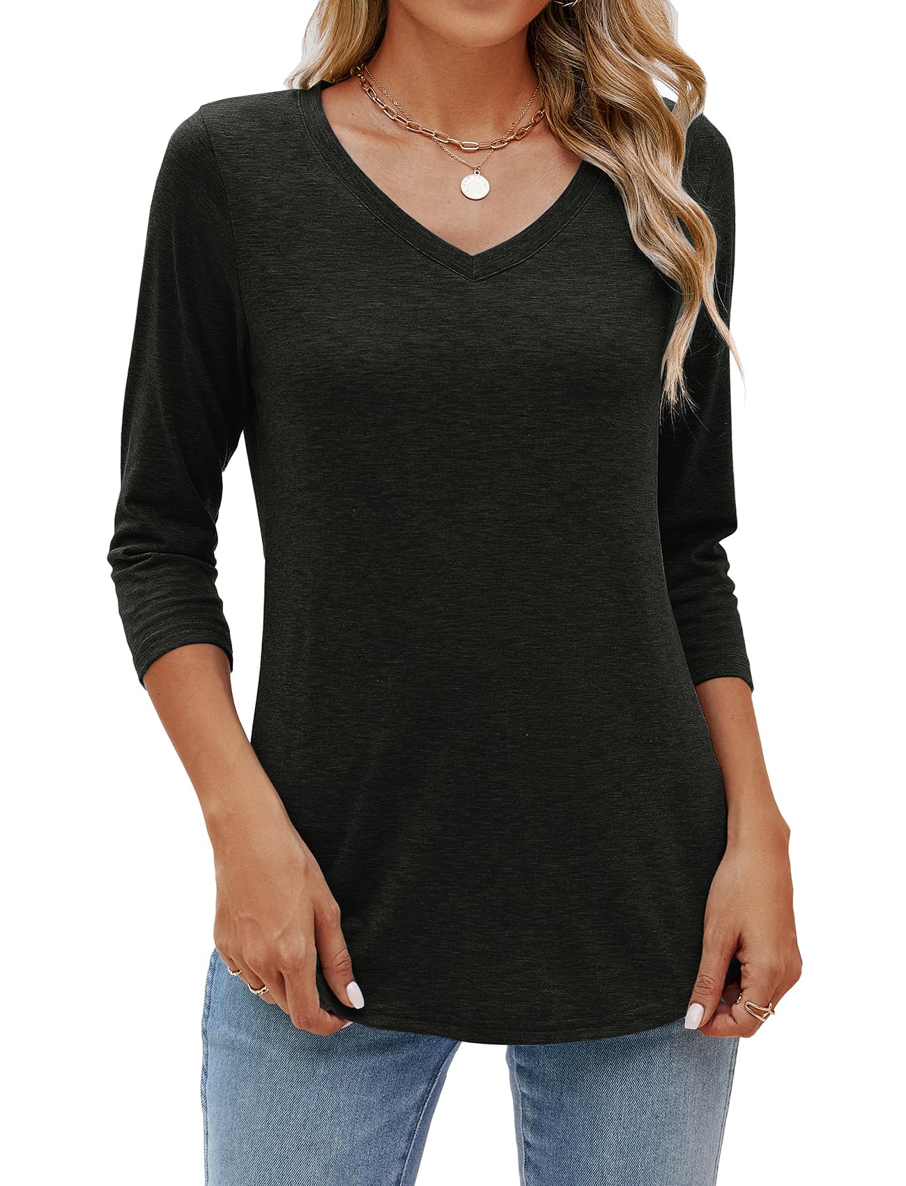 Sherosa Womens 3/4 Sleeve Tops V Neck Loose Fitting
