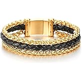 COOLSTEELANDBEYOND Mens Steel Gold Color Wheat Chain and Black Braided Leather Bracelet with Magnetic Clasp, Three-Row