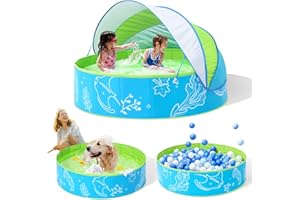 Hikiddy Foldable Kiddie Pool with Canopy: 47in Baby Pool and Beach Tent for Toddlers Infants 6-12 Months and Kids 2-4 Years Old - Portable Water Play with Shade for Outdoor Backyard Beach (Blue-Green)