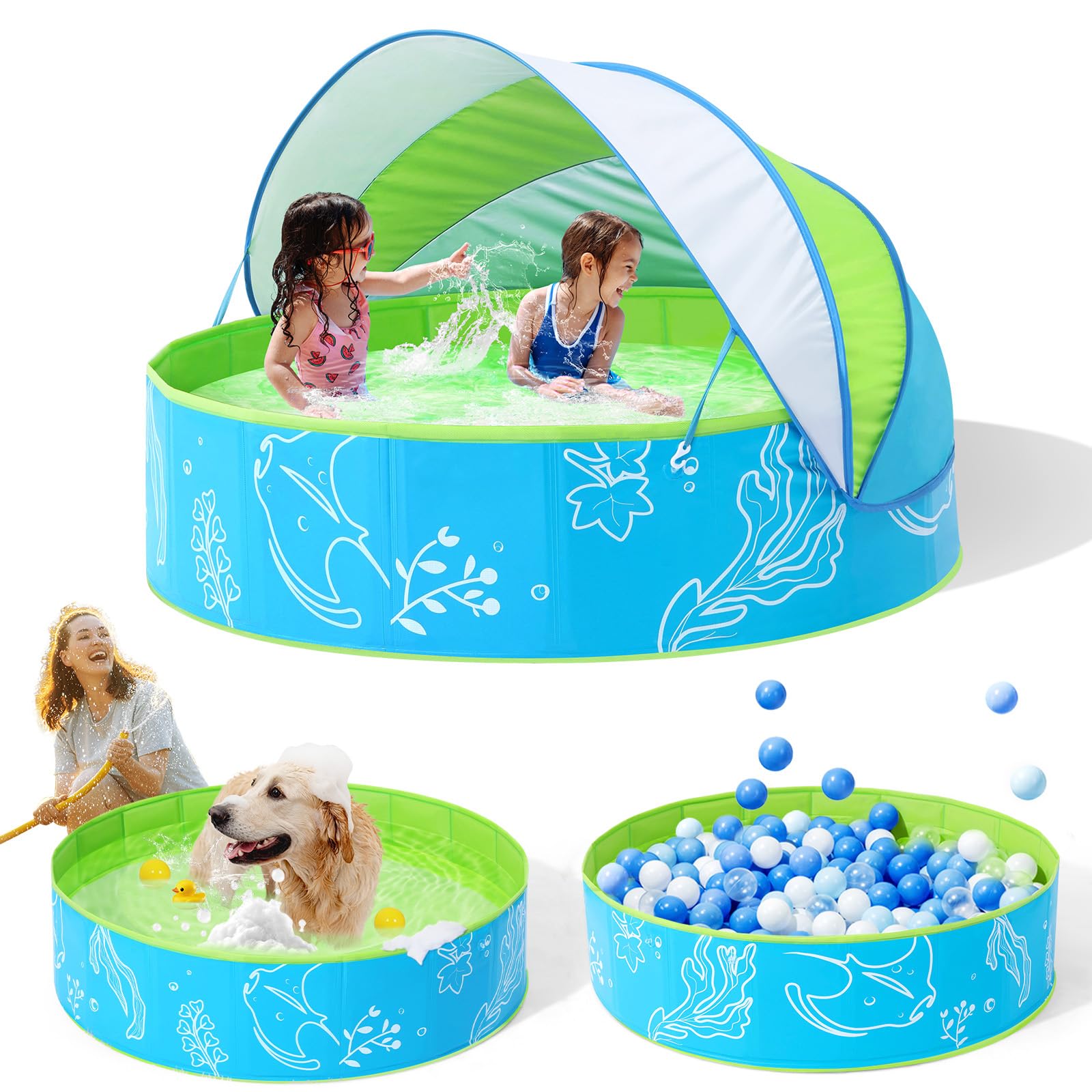 Photo 1 of Hikiddy Foldable Kiddie Pool with Canopy: 47in Baby Pool and Beach Tent for Toddlers Infants 6-12 Months and Kids 2-4 Years Old - Portable Water Play with Shade for Outdoor Backyard Beach (Blue-Green)