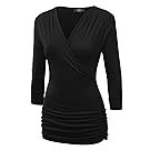 Womens 3/4 Sleeve Wrap Front Drape Top XXXL Black