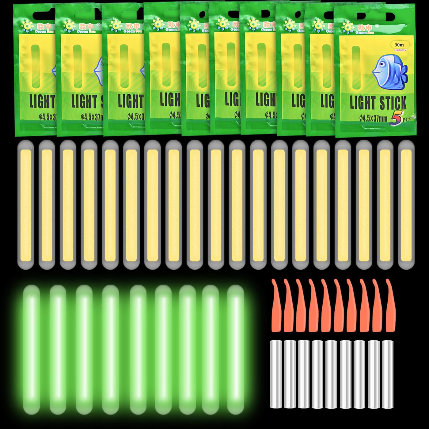 SANKESONG 50 Pcs Night Fishing Glow Sticks, 4.5x37mm High Visibility Float Sticks, 30m Viewing Distance & 10-12H Glow Time, Waterproof for Night Fishing Bite Alarm‌