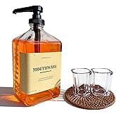 eBun 37oz Glass Mouthwash Dispenser for Bathroom, Mouthwash Dispenser Pump, Mouth Wash Container with Reusable Cup, Mouth Wash Bottle, Countertop Kitchen Sink Dish Liquid Soap Holder Set (Black)