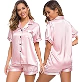 SWOMOG Womens Silk Satin Pajamas Set Short Sleeve Sleepwear Button Down Top and Shorts Loungewear 2 Piece Pjs Set XS-3XL