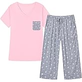 SWOMOG Womens Plus Size Pajama Set Short Sleeve Sleepwear Top and Capri Pjs 2 Pcs Lounge Sets with Pockets