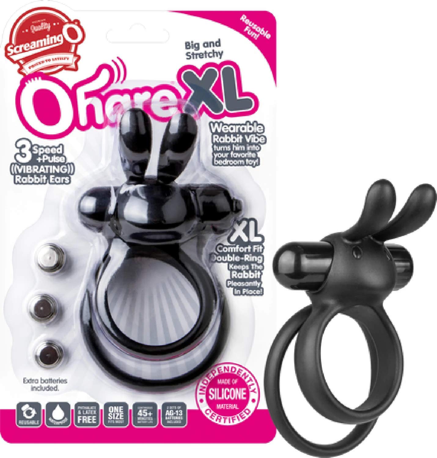 Screaming O X-Large Pink O Hare Vibrating Double Ring with Flexible Rabbit Ears, Pink