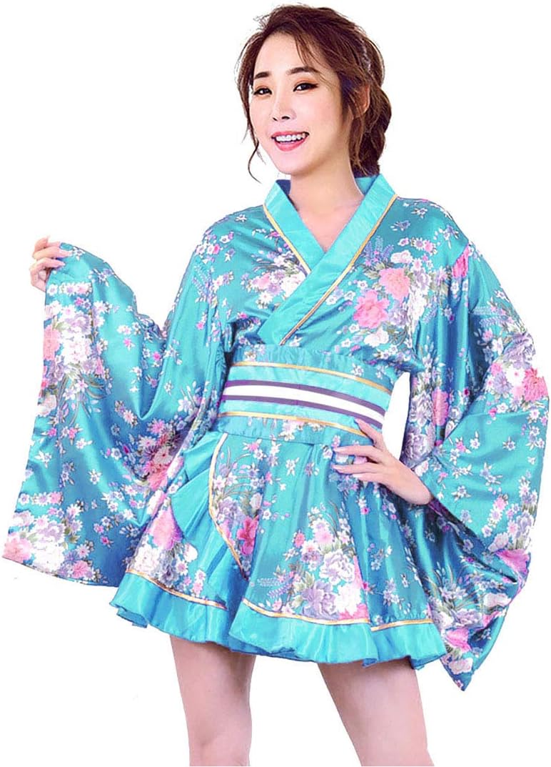 Sexy Japanese Geisha Kimono Costume Women's Floral Satin Short Style Yukata Dress with OBI Belt