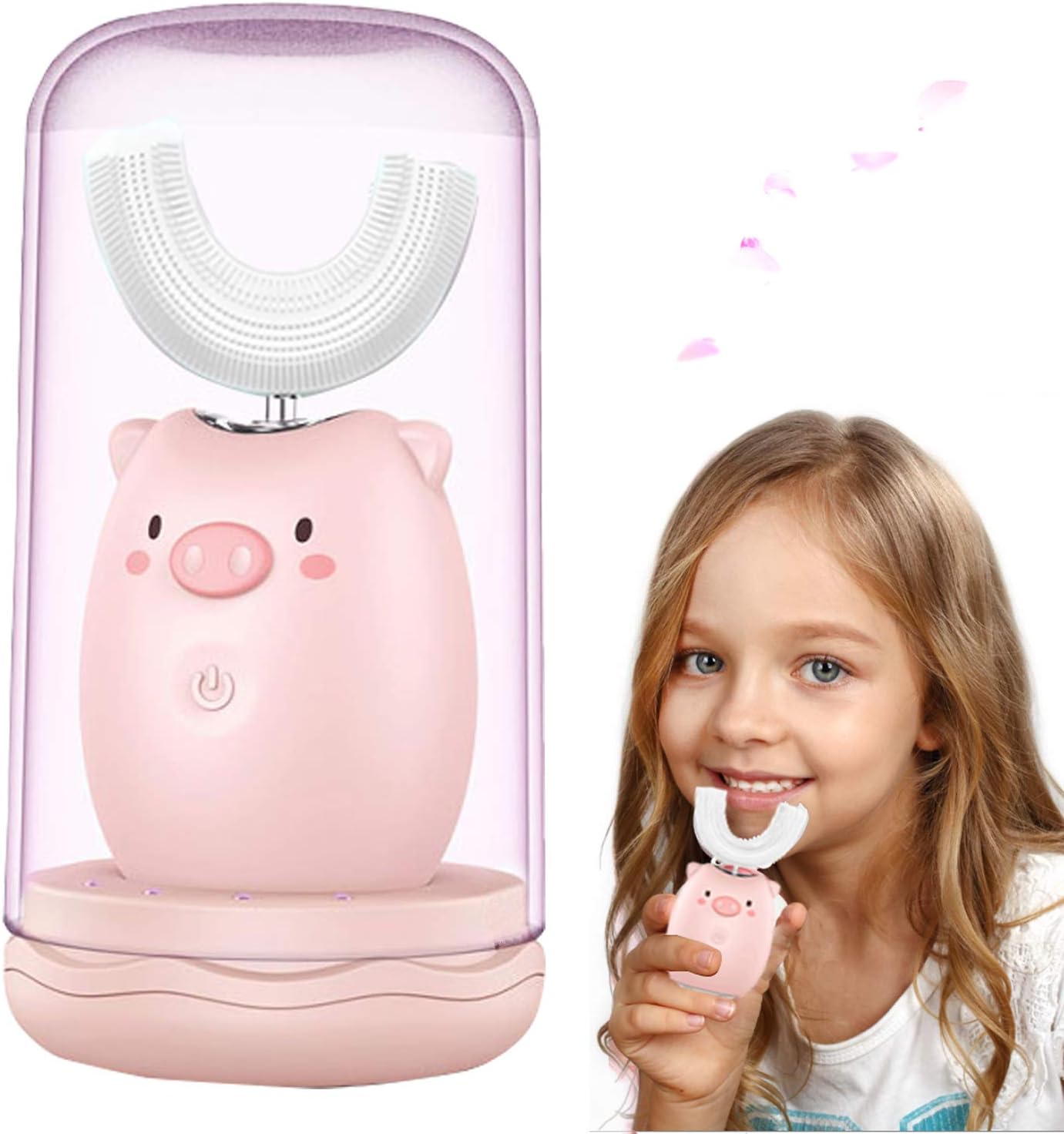 Itomoro U-Shaped Kids Automatic Toothbrush,Soft Bristles Specially Designed for Kids,2 Brush Heads of Different Sizes,3-Speed Cleaning Mode,Gargle Cup/Low Noise(Pink)