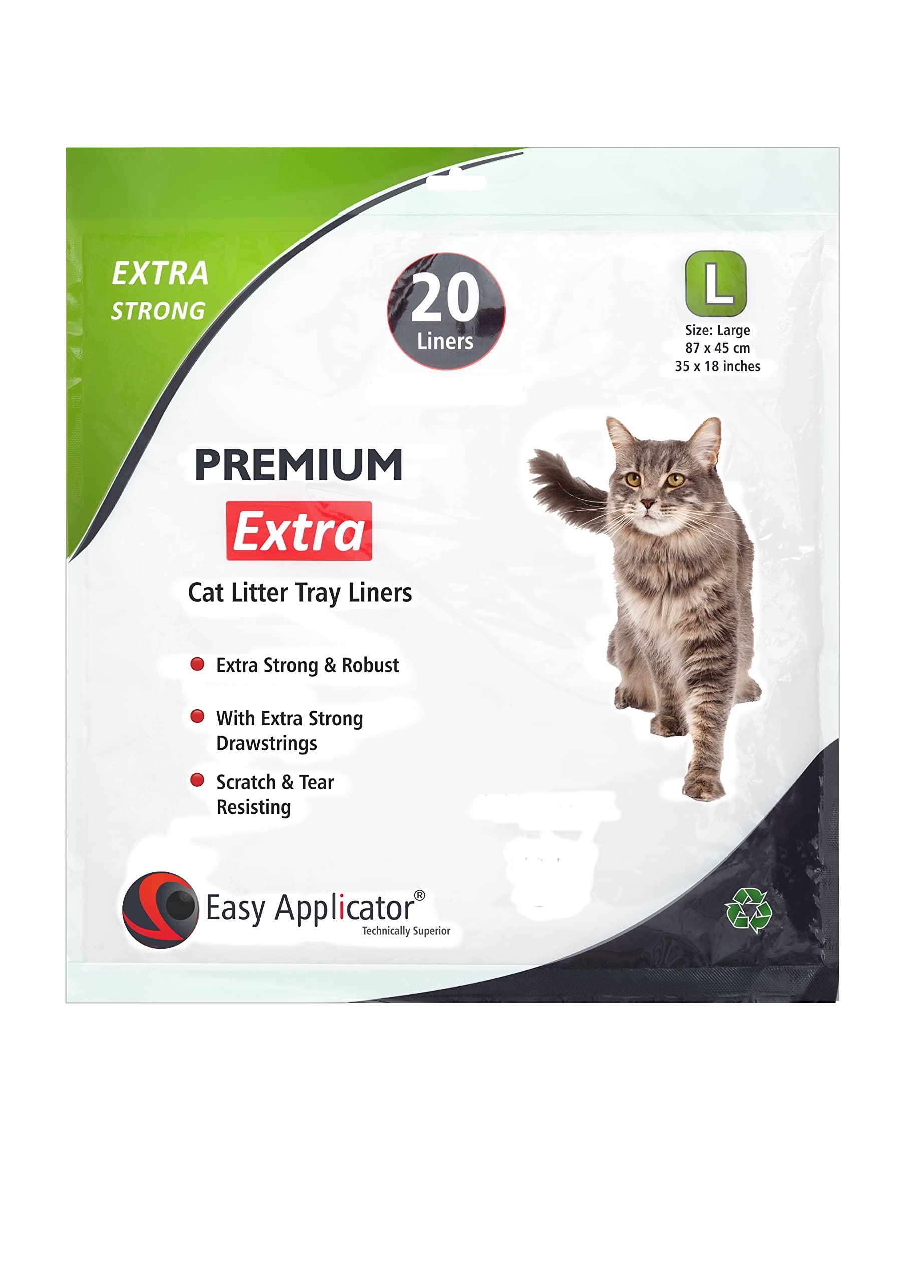20 Extra Strong Thick Durable L (Large - 87 x 45 cm) Cat Litter Tray Liners with Extra Strong Drawstrings from Easy Applicator. For Medium and Large Trays + Boxes. Suitable for most types Cat Litter.